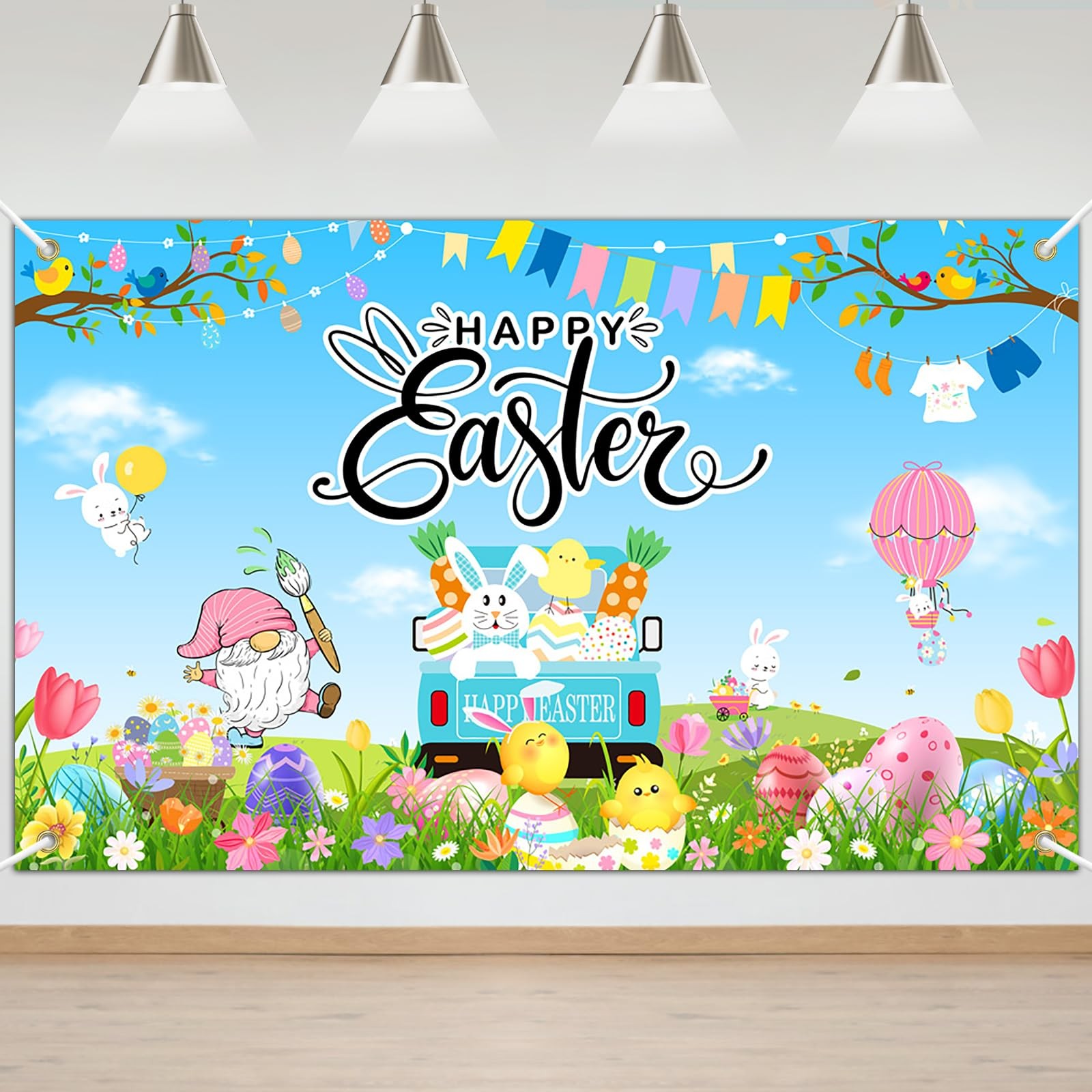 Mocsicka Happy Easter Banner Backdrop Colorful Bunny Eggs 6×3.6ft, Multi