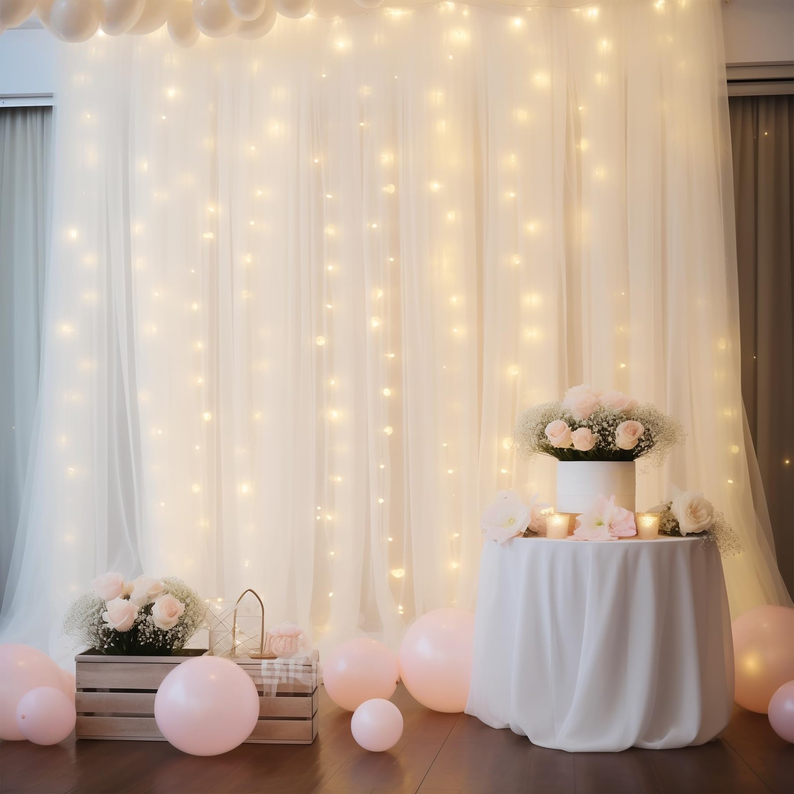 30×10ft White Tulle Backdrop Curtain with Lights String for Parties, Sheer Ph…