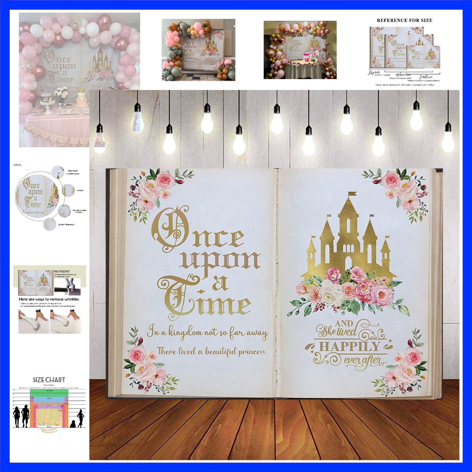 7x5ft Once Upon a Time Backdrop Pink Floral Gold Castle Princess Fairytale Bi…