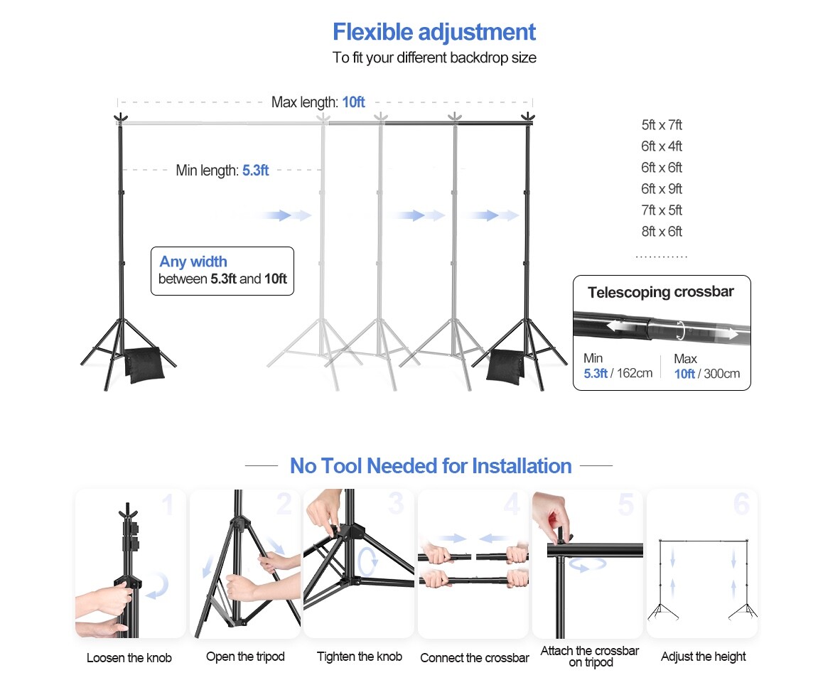 Photography Photo Studio Stand Background Support System 10 x 7 ft with Case