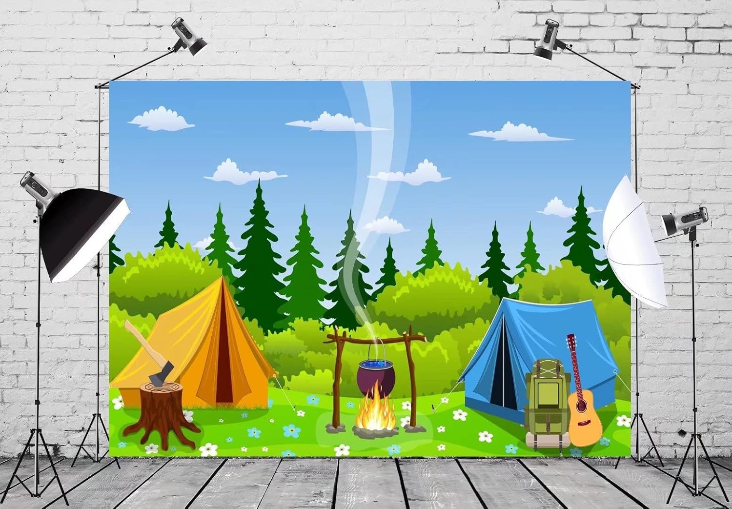 Cartoon Forest Camping Backdrop 20x10ft for Kids Birthday & Baby Shower