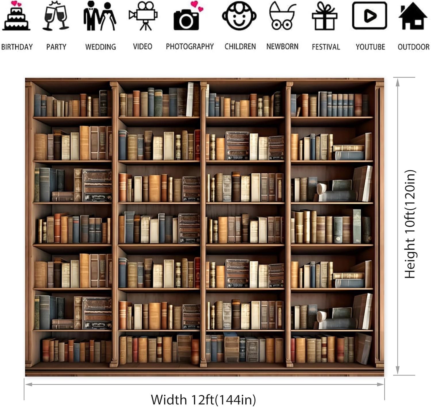 12x10ft Bookshelf Backdrop Vintage Bookcase Theme Photography Background