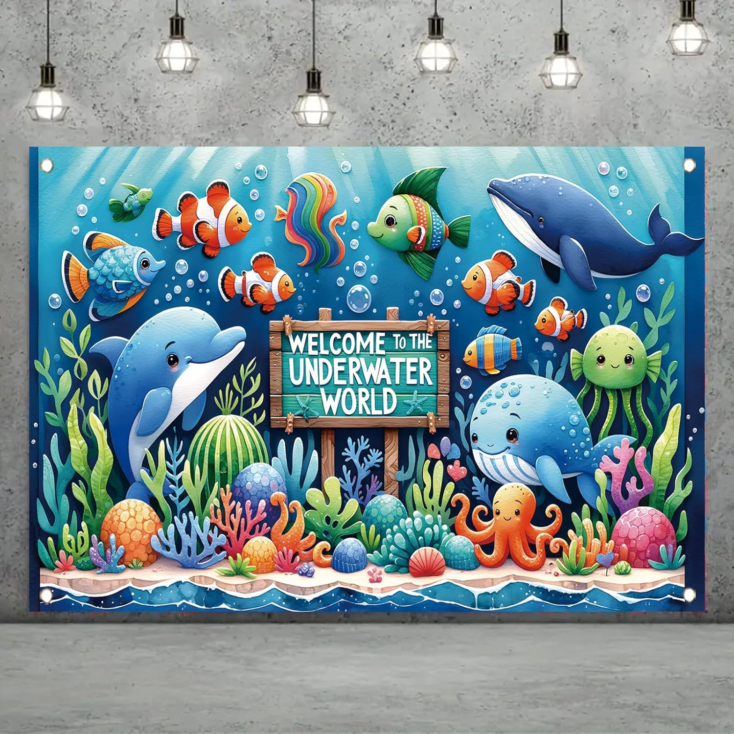 Underwater World Backdrop Banner Ocean Party Decoration Cute Sea Animal Banner f