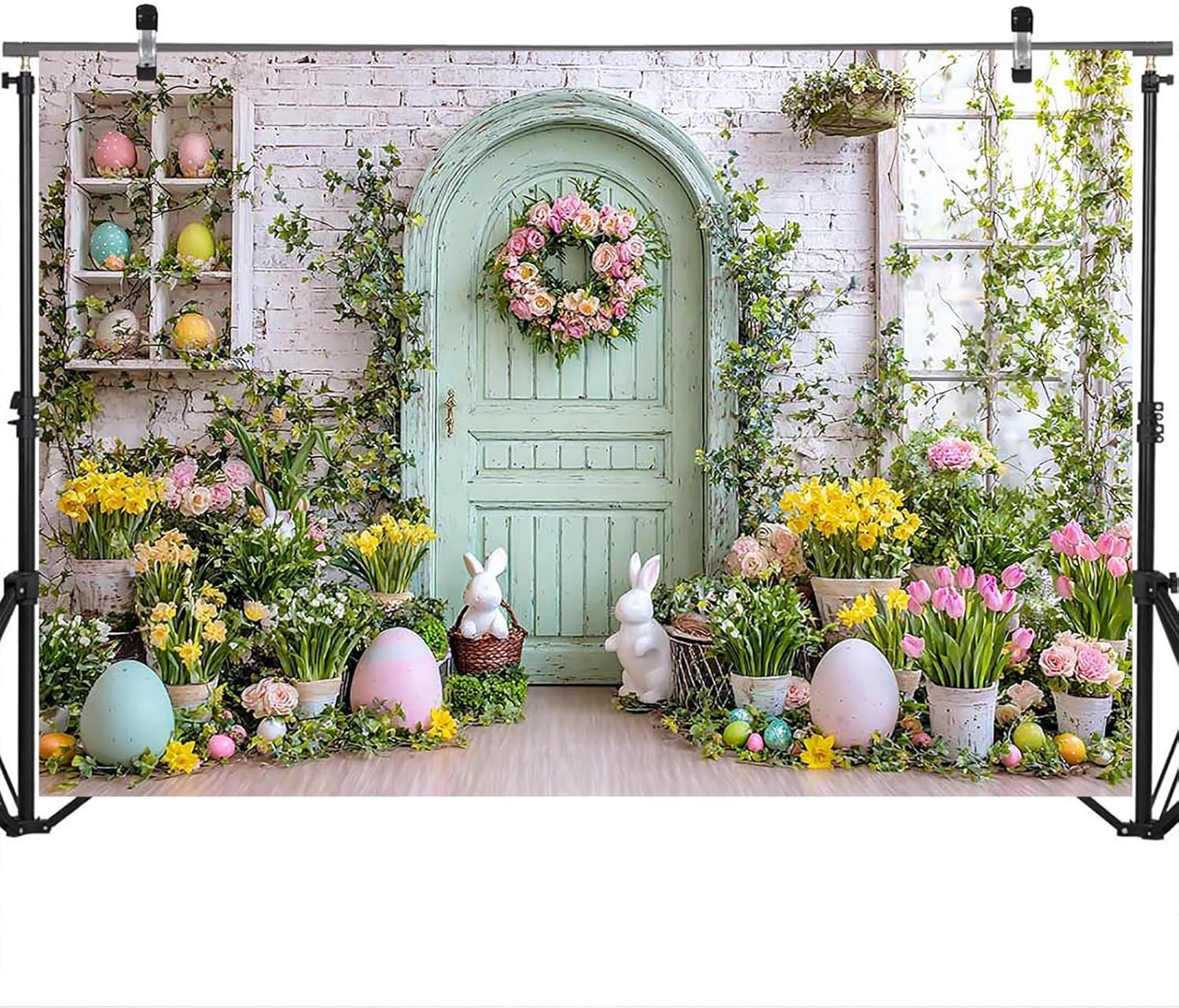 Spring Easter Backdrop 7X5Ft – Green Wooden Wall Floral Photography