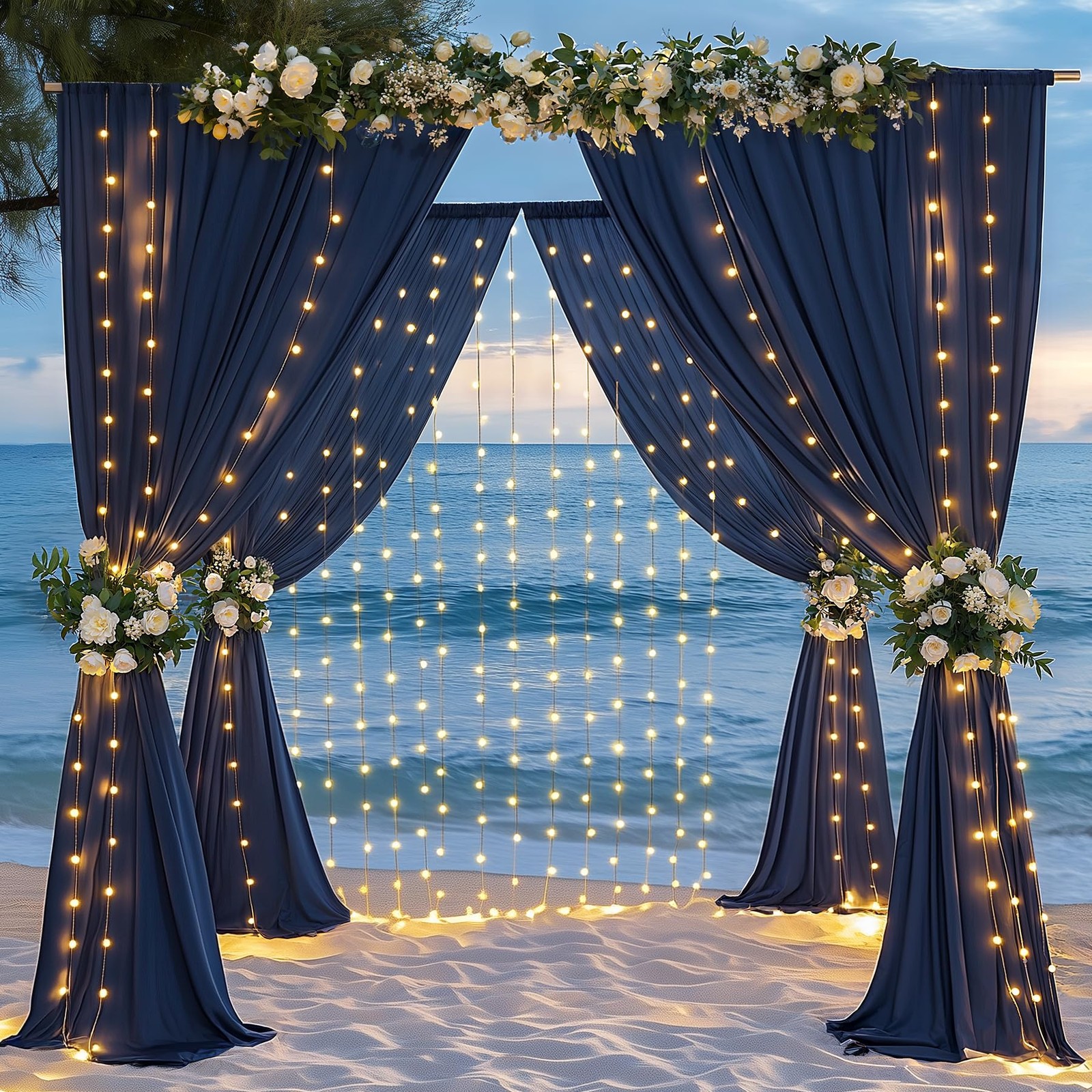 2 Panels 5x10ft Navy Blue Backdrop Curtains Set With Lights String Set