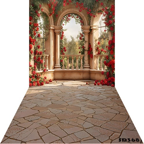 10’x20’Computer-painted Red Floral Arch Balcony Scenic Backdrop Background SD368