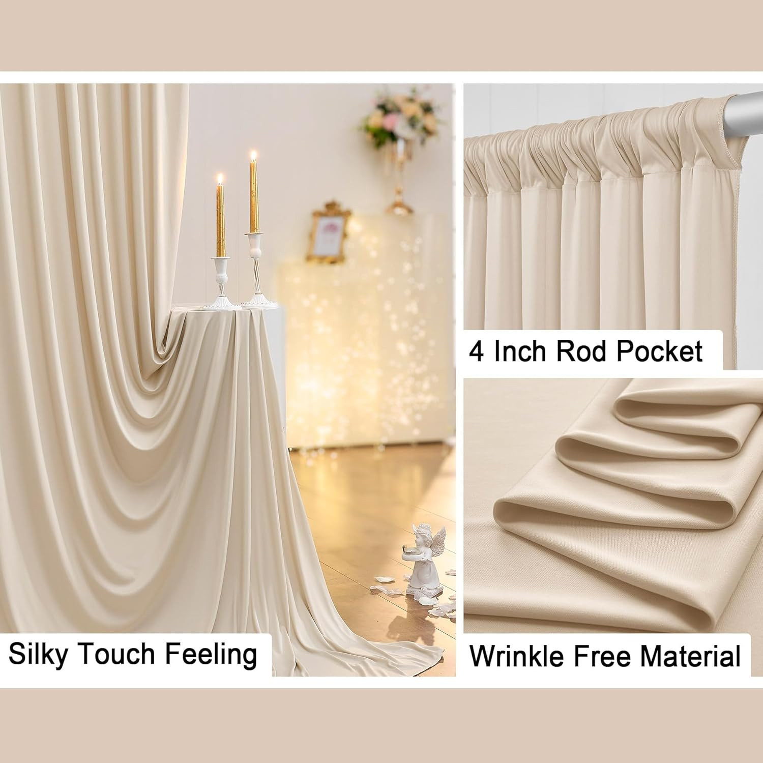 40Ft Wrinkle-Free Beige Backdrop Curtain for Weddings & Parties, 8 Panels
