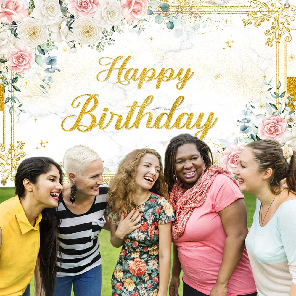 6×3.6ft Happy Birthday Backdrop for Girl Women Photography Background Flower Whi