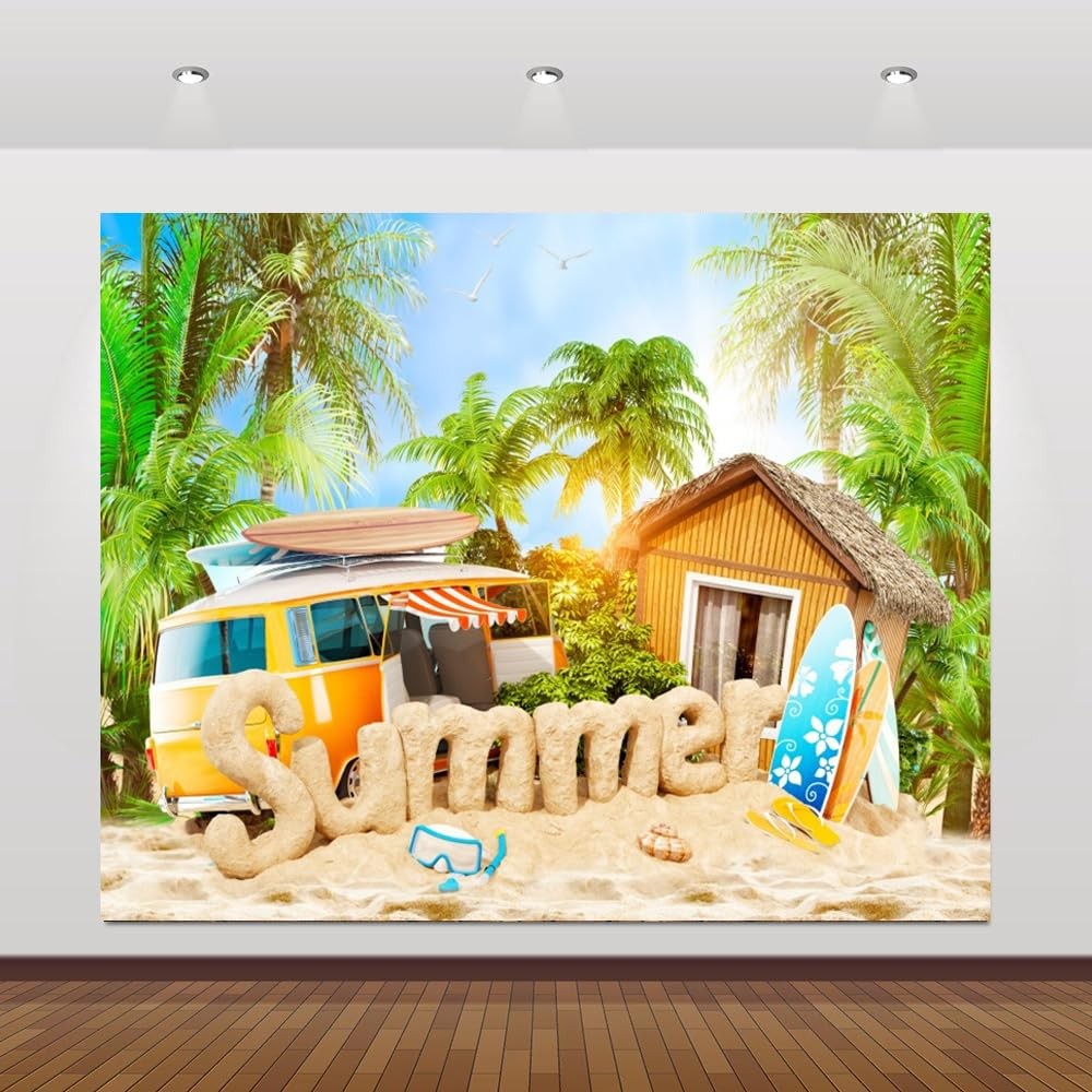 Summer Beach Backdrop Photography Tropical Palm Tree Surfboard 10×8 Ft Prop
