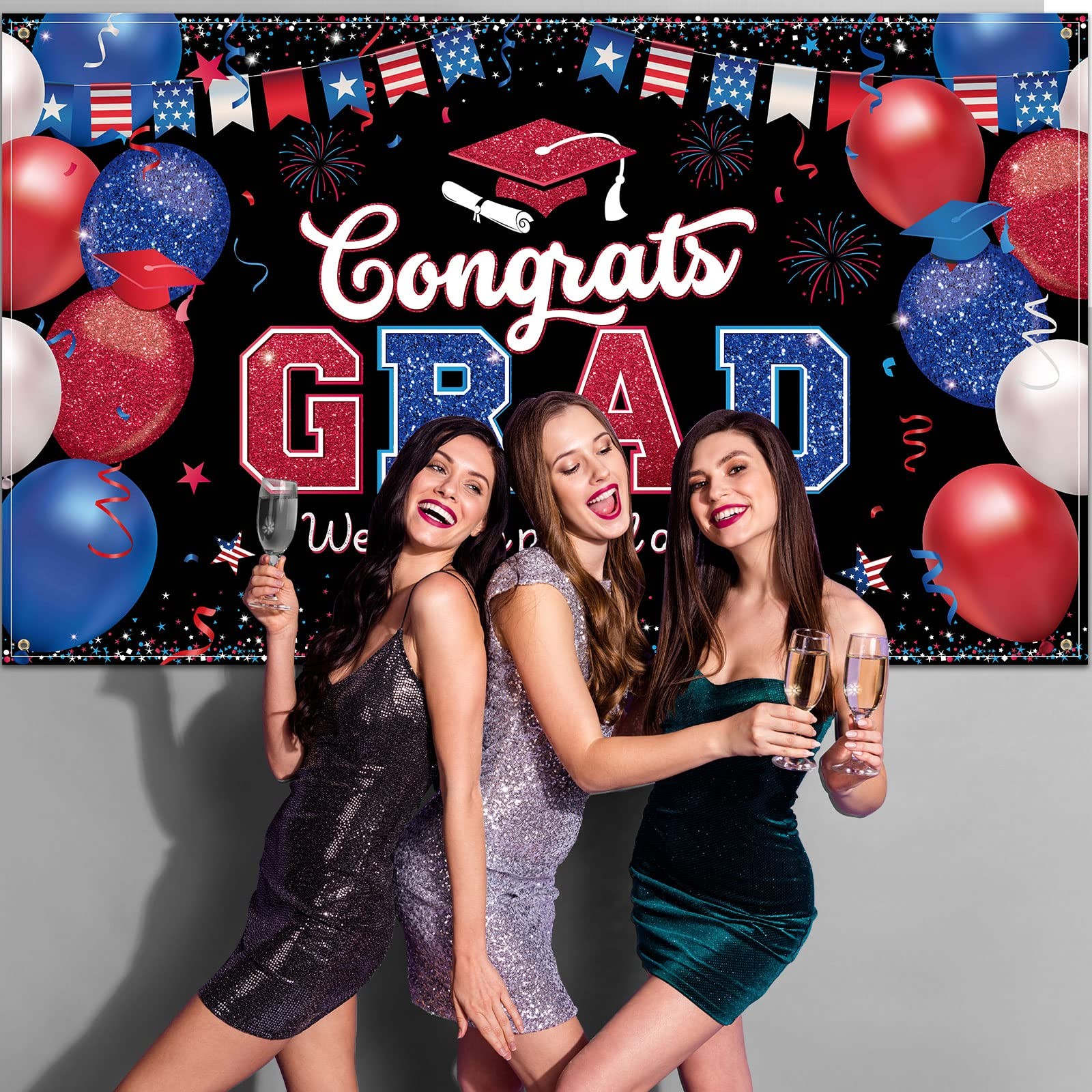 Graduation Party Backdrop Decoration Congrats Grad Backdrop Banner Red and Bl…