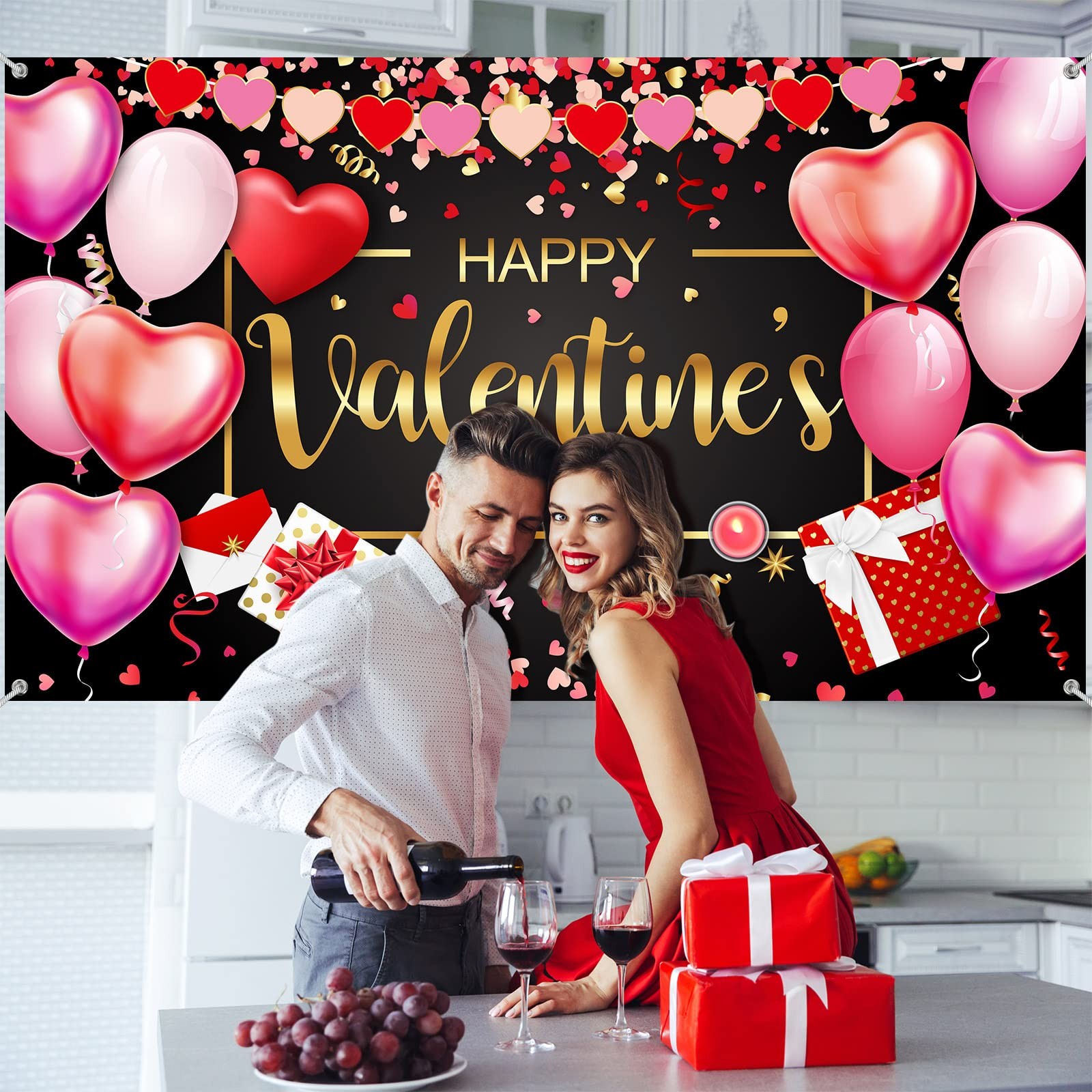 Happy Valentine’s Day Backdrop Banner 73 x 43 Inch Large Size Heart Valentine’s