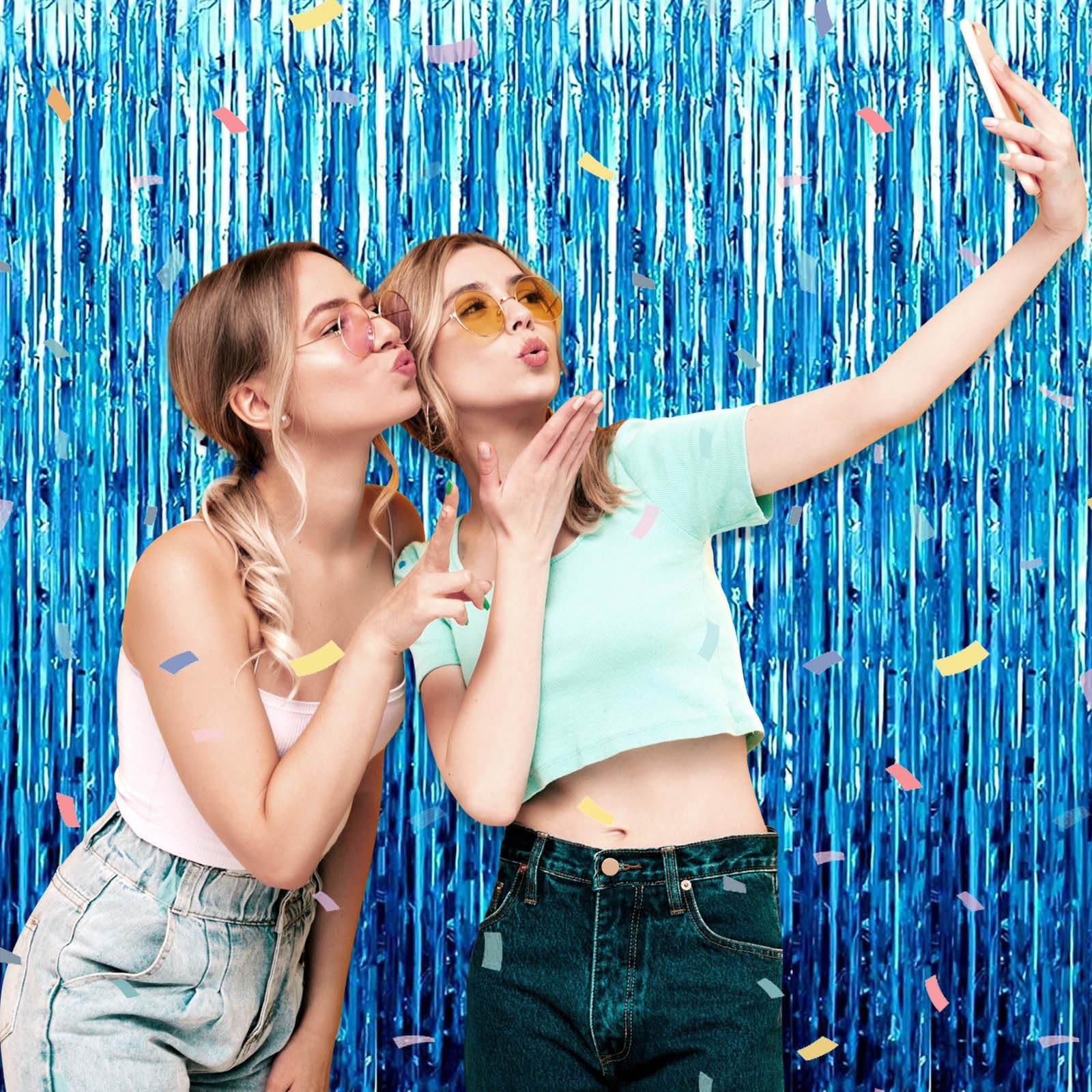Lake Blue Foil Fringe Curtain Backdrop Metallic Tinsel 3.28×9.8FT 3 PCS Pack