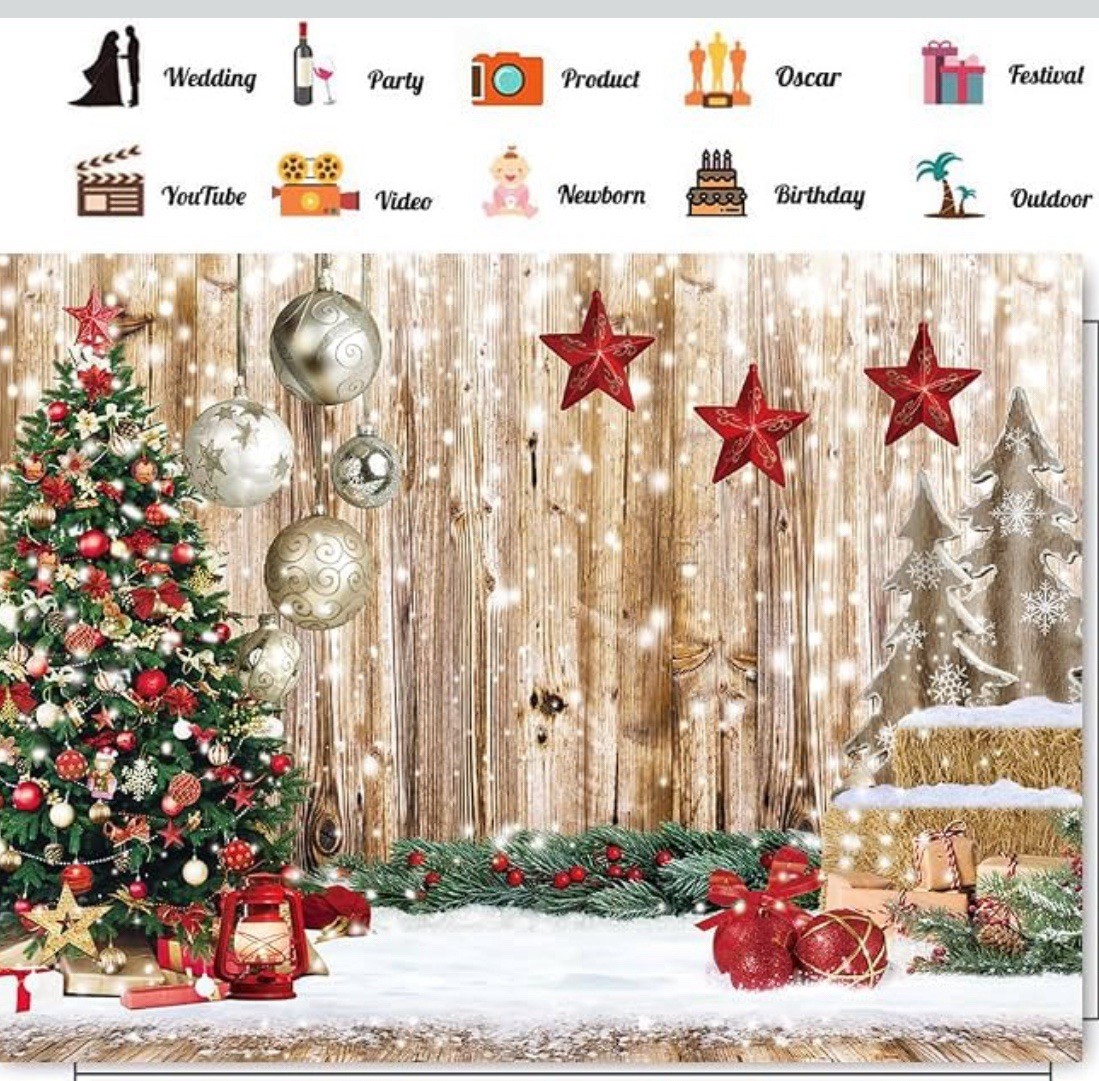 10’X10ft. Rustic Christmas Family photo Background backdrop- Snow, Tree, Gifts
