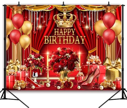 Red and Gold Birthday Backdrop for Happy Birthday Party Decorations, 5x3FT