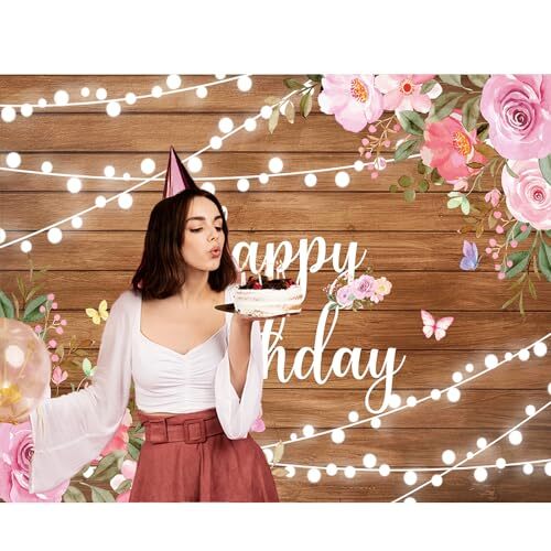 Happy Birthday Backdrop for Women Rustic Wooden Pink Floral Butterfly 7x5Ft S1