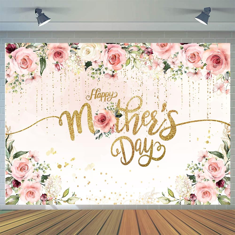 7x5ft Happy Mother’s Day Backdrop Pink Flowers Golden Mother’s Day Party Wall…
