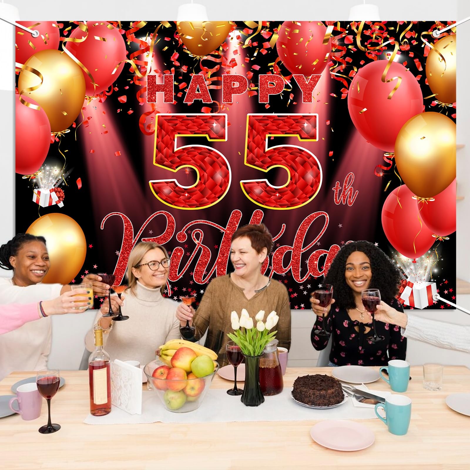 Red 55th Birthday Party Backdrop Banner 6x4ft with Rope, Polyester Fabric, Pe…