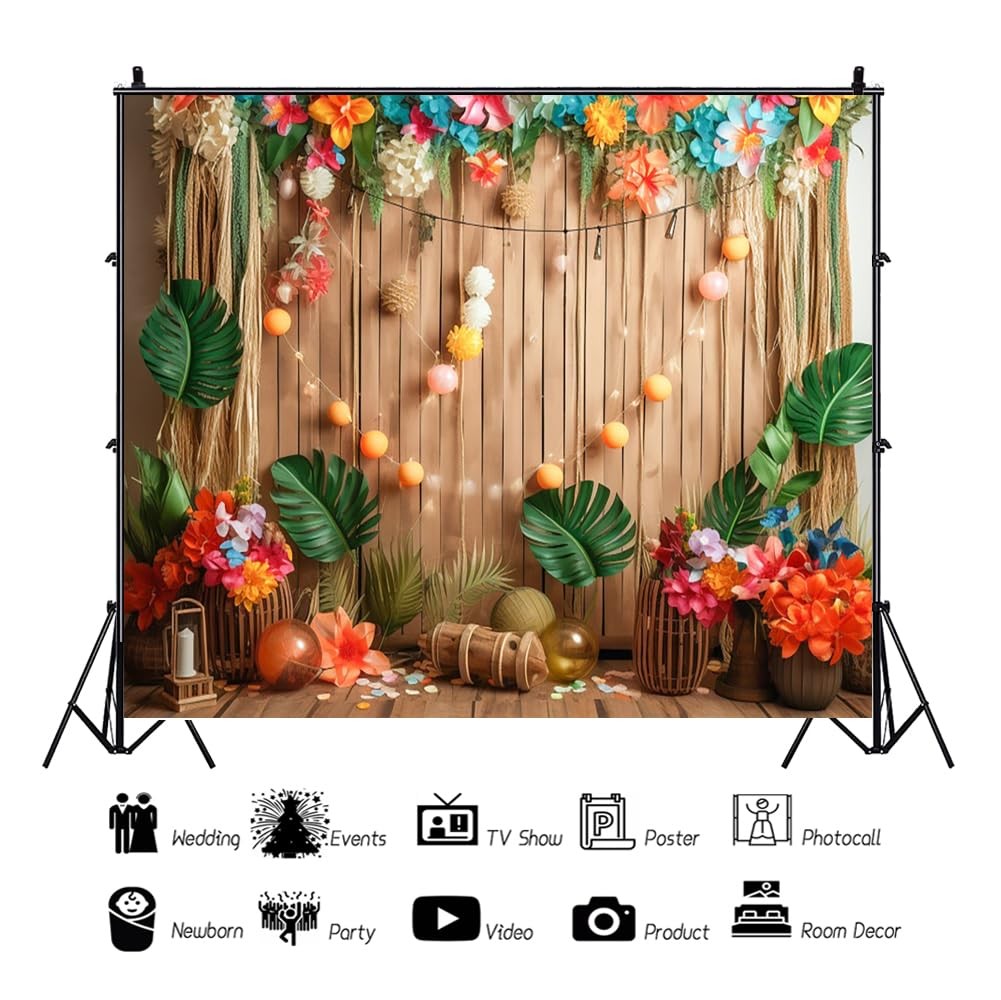 10×8 Ft Summer Hawaiian Luau Backdrop Photography Tropical Leaves Flower Props