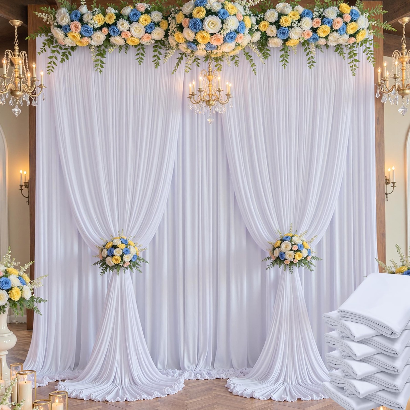 50×14 ft White Wrinkle Free Backdrop Curtain for 14ft Long_10 Panels,