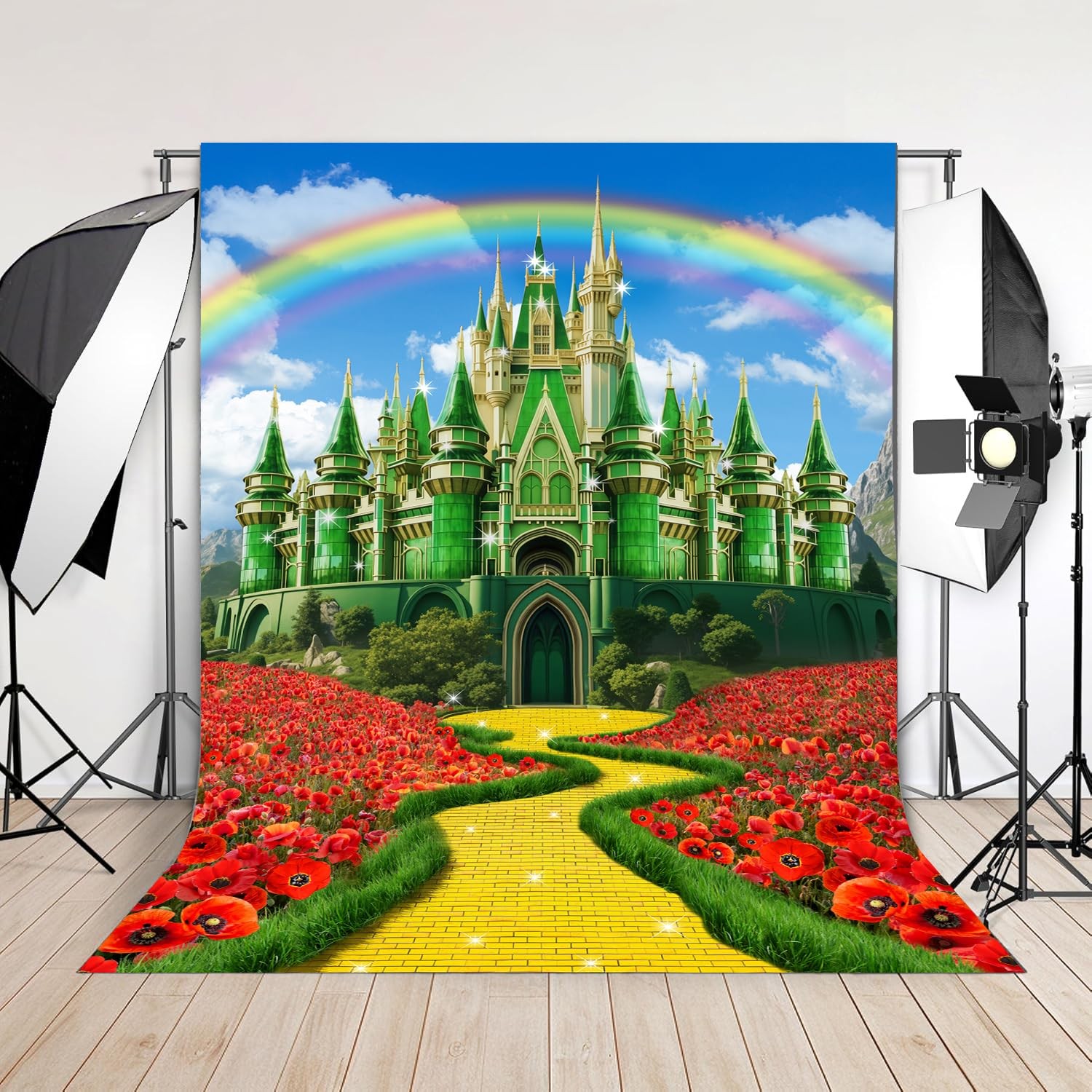 6×8 Ft Green Castle Yellow Brick Road Backdrop Rainbow Princess Photo Props