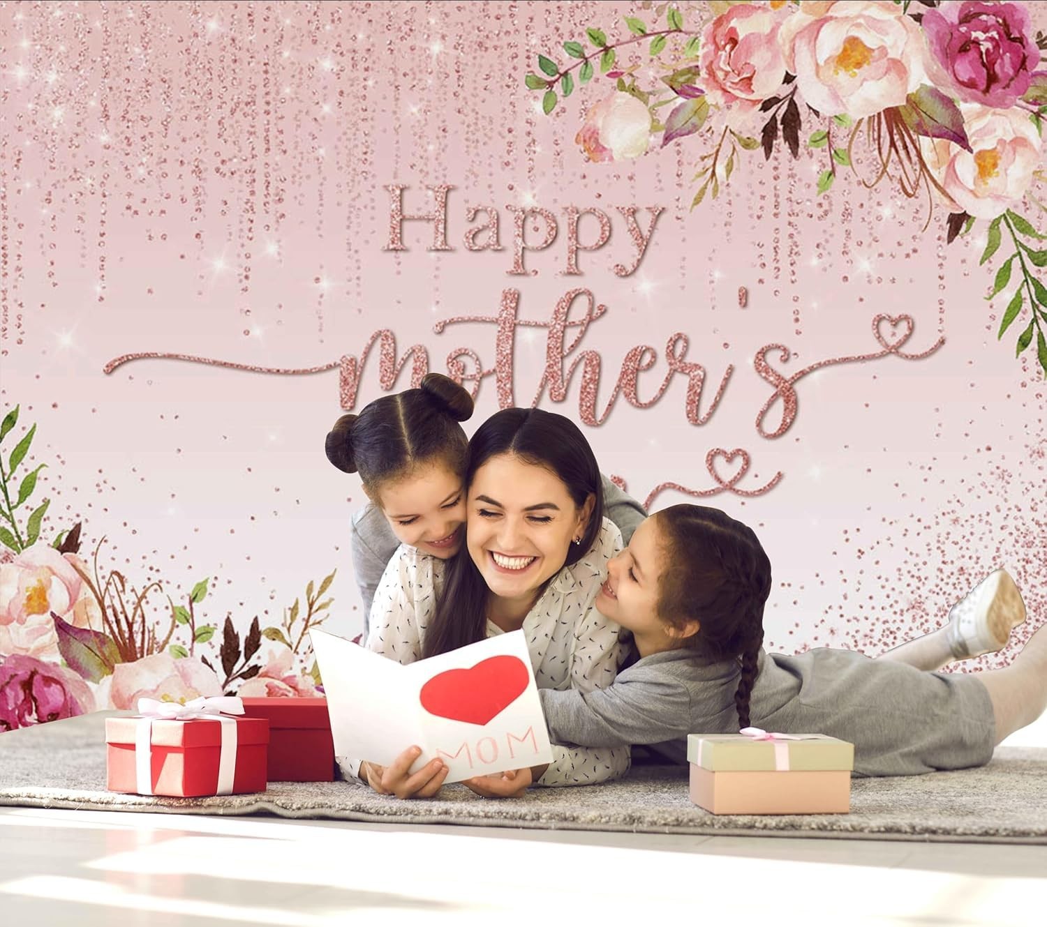 Happy Mother’s Day Backdrop Floral Golden Dots Mothers Day Birthday Photography