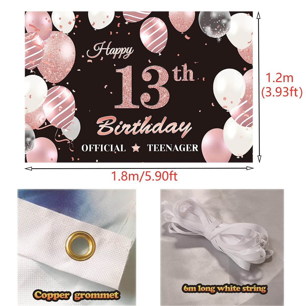 13th Birthday Party Decorations Girls Black and Rose Gold Happy 13th Birthday