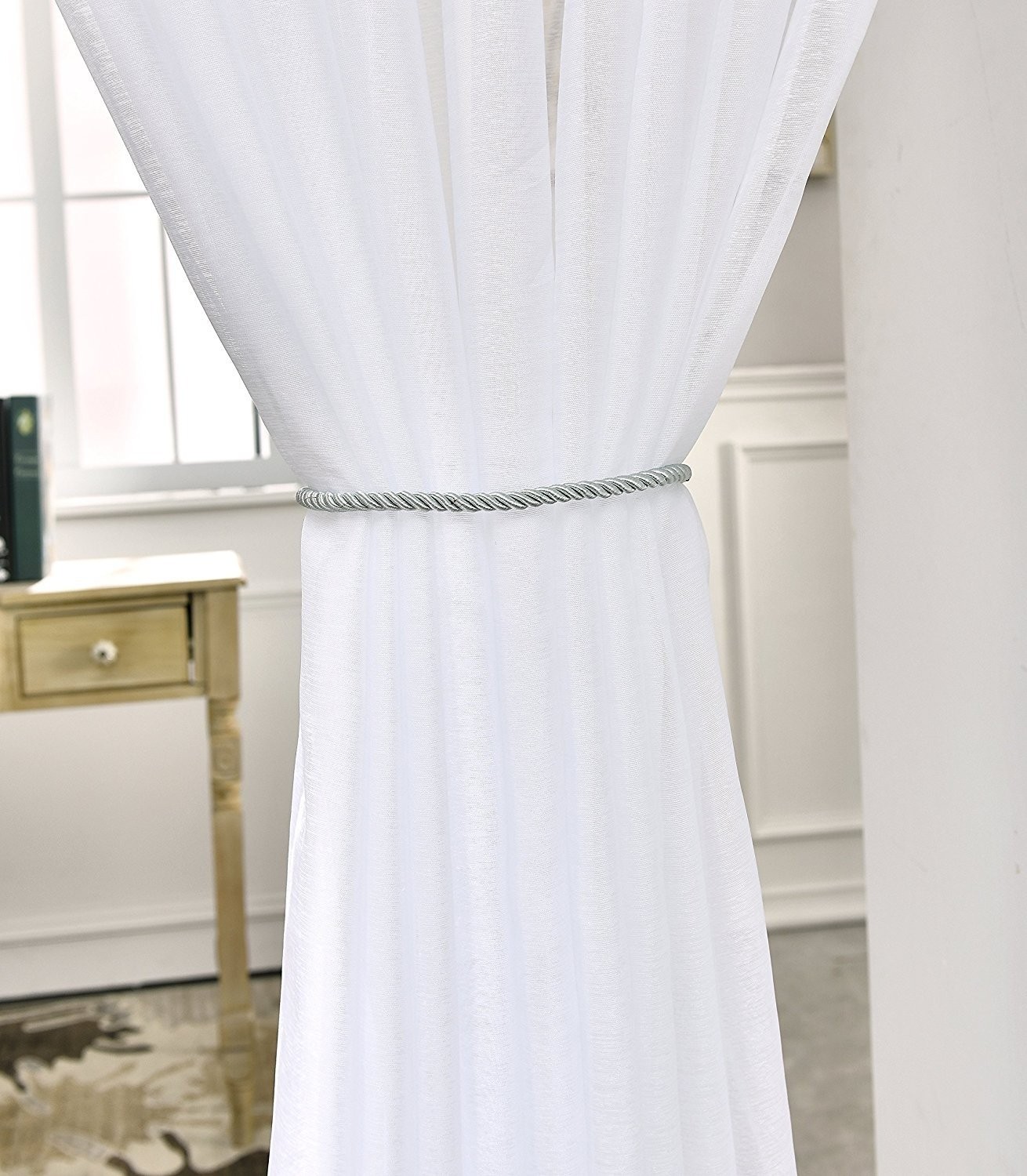 Sheer White Room Divider Curtains 108 x 100 Extra Large – Faux Linen for Bay