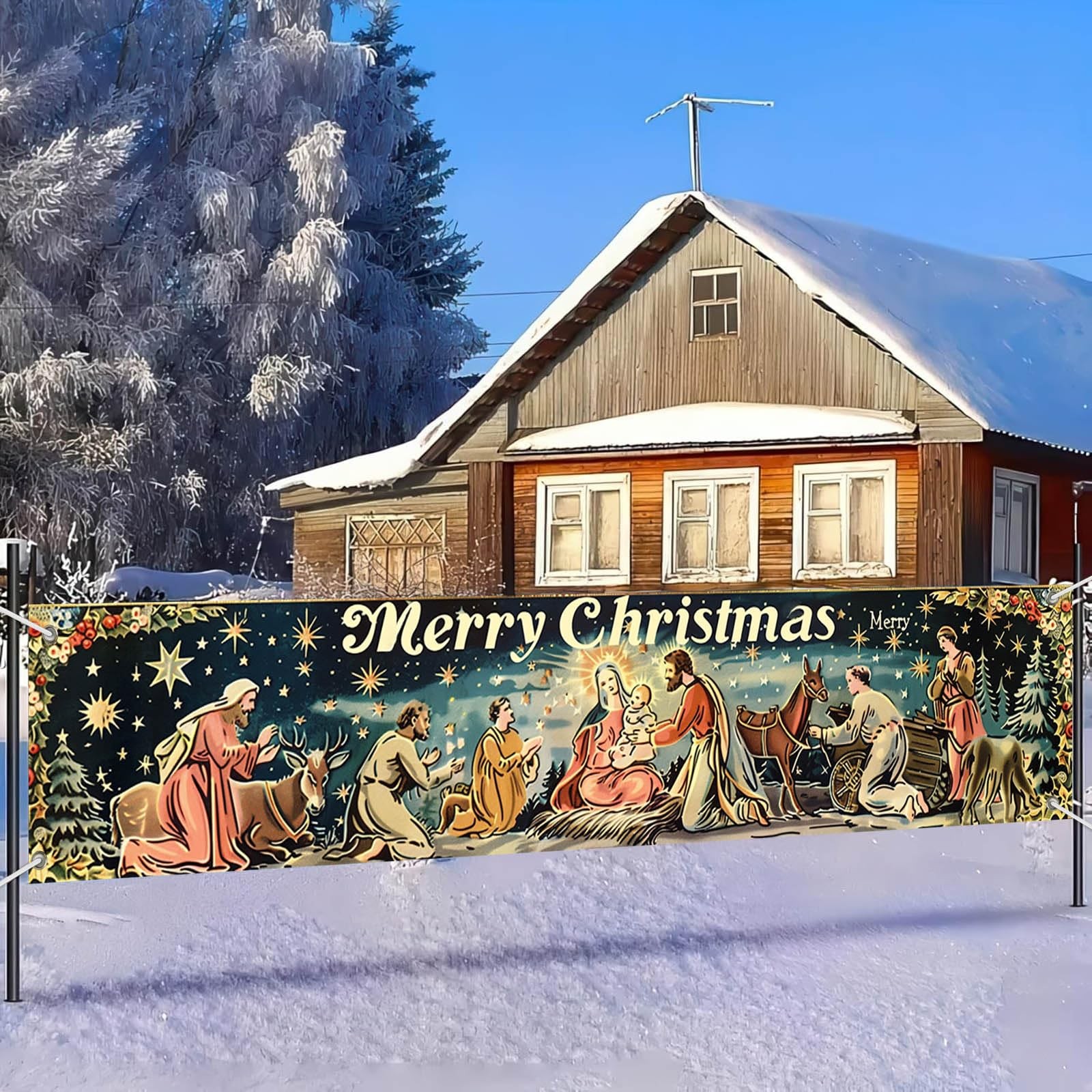 BlissYard Large Merry Christmas Banner 78×18 Inch Nativity Christmas#2