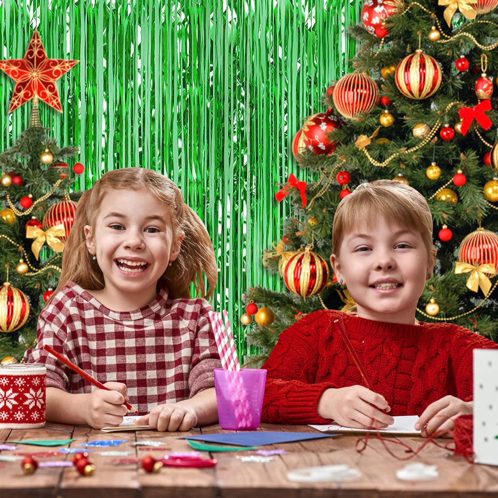 10 Pack 3.2×9.8 Ft Green Foil Fringe Curtains Metallic Tinsel Backdrop