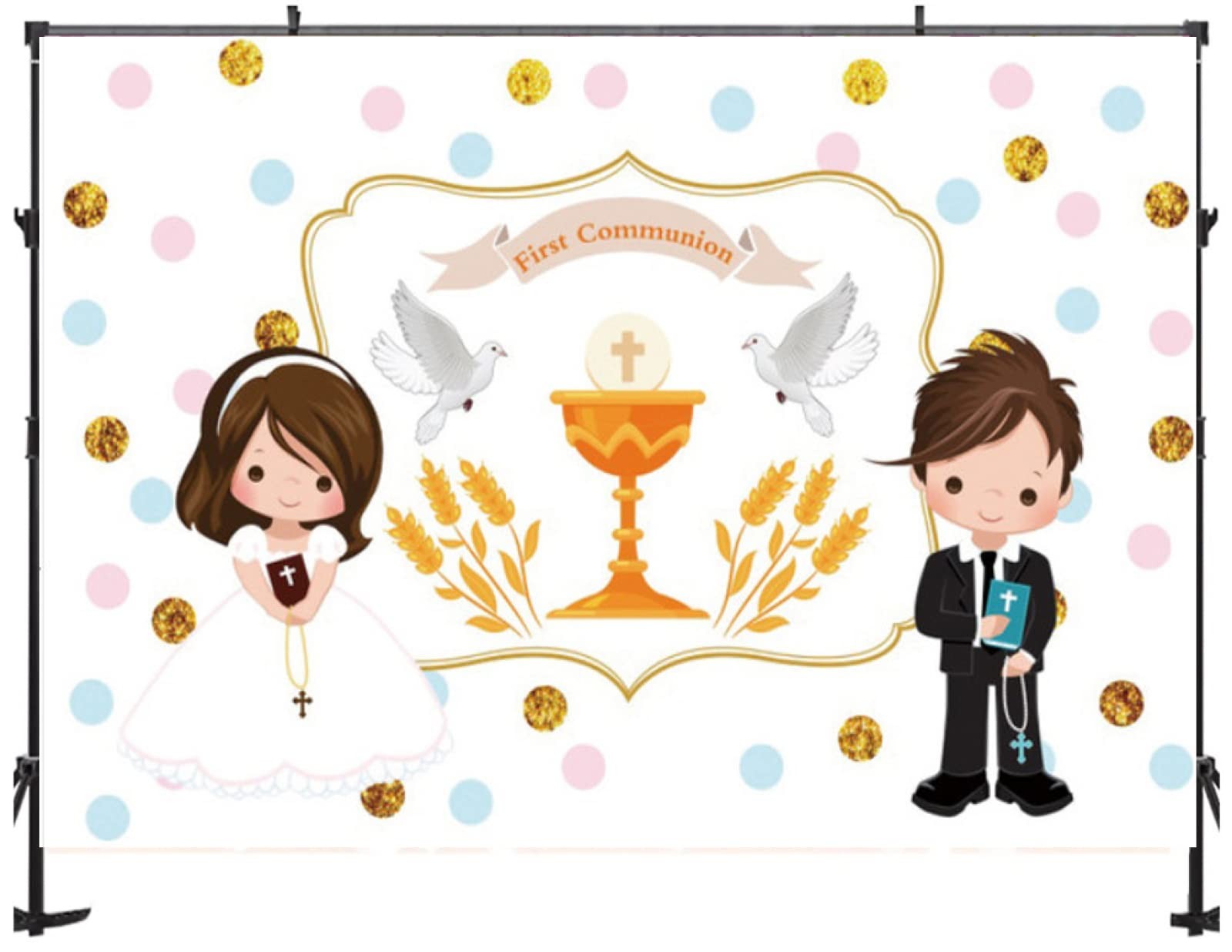 6x4ft First Communion Photo Backdrop, God Bless My Baptism Party Background