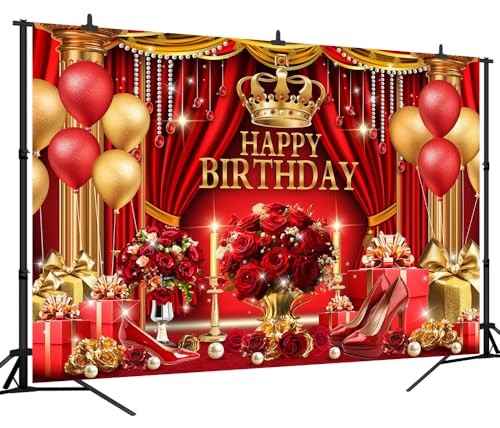 Red and Gold Birthday Backdrop for Happy Birthday Party Decorations, 5x3FT