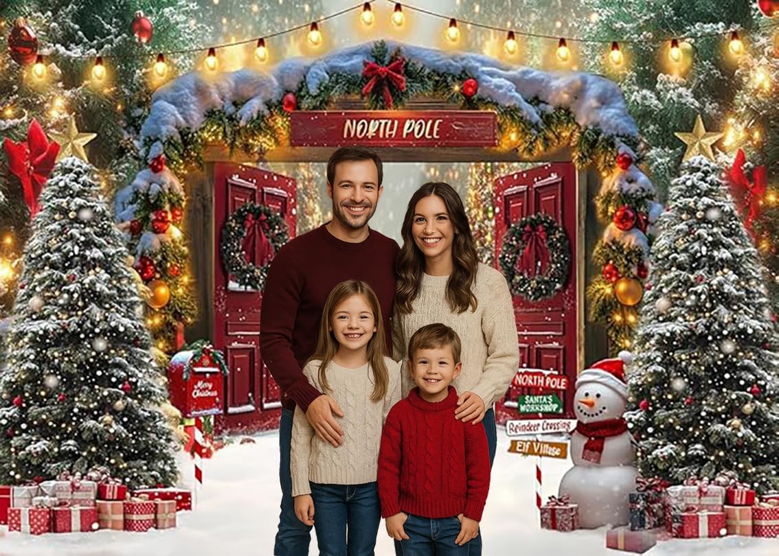 Fabric Christmas Backdrop Winter Forest Wooden Barn Door Decor 8x6ft