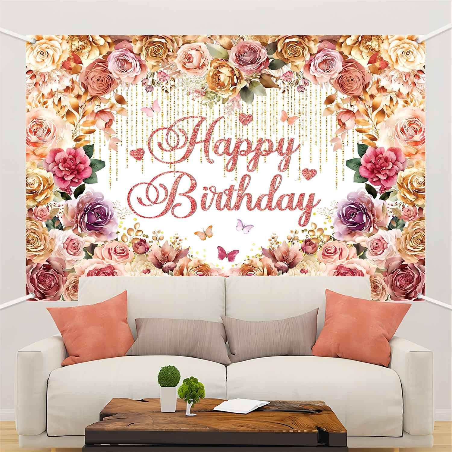 Pink Flower Happy Birthday Banner Backdrop Rose Gold Party Decorations 5x3Ft