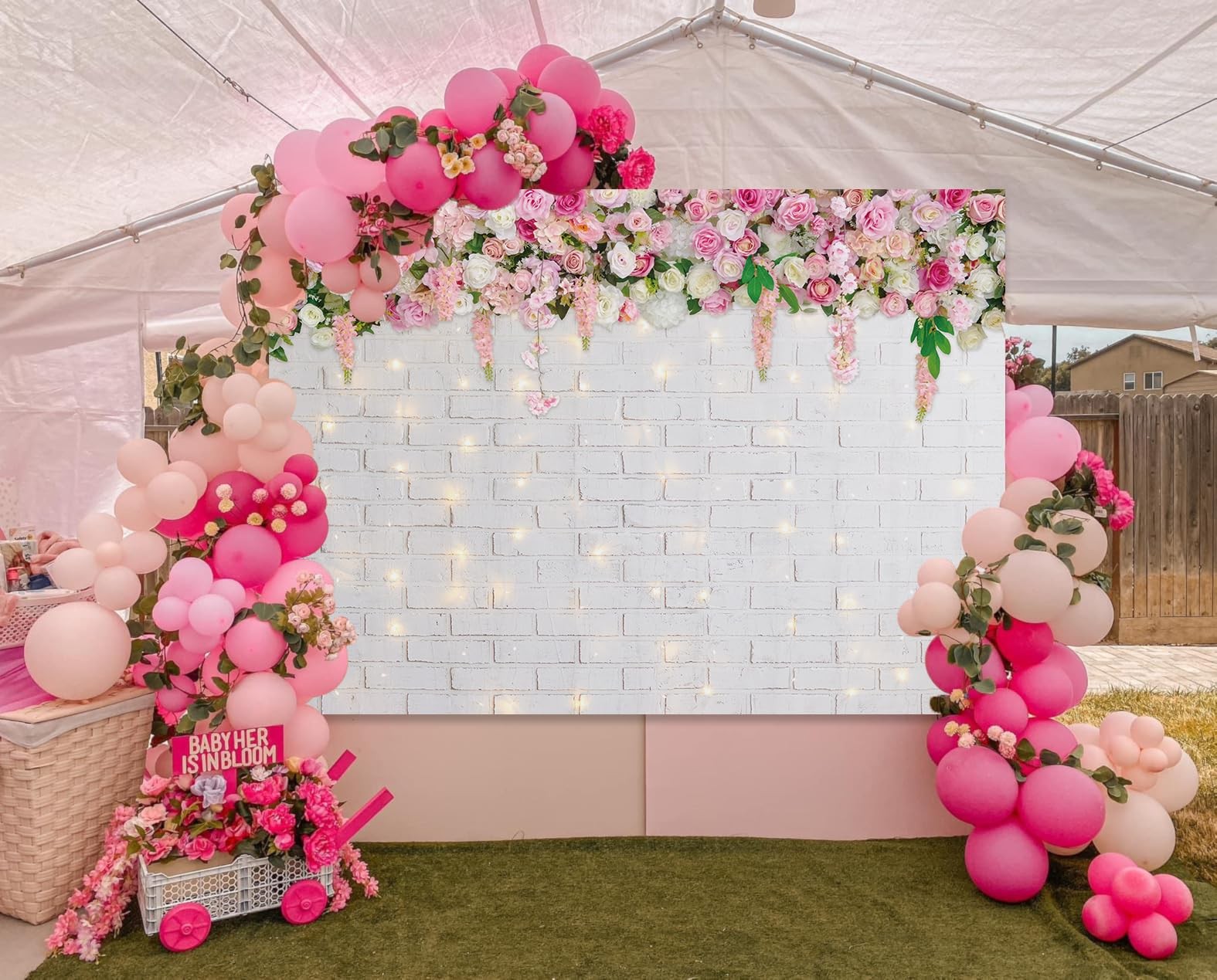 8x6FT Flower Wall Backdrop Glitter White Brick Spring Theme Photo Booth Prop