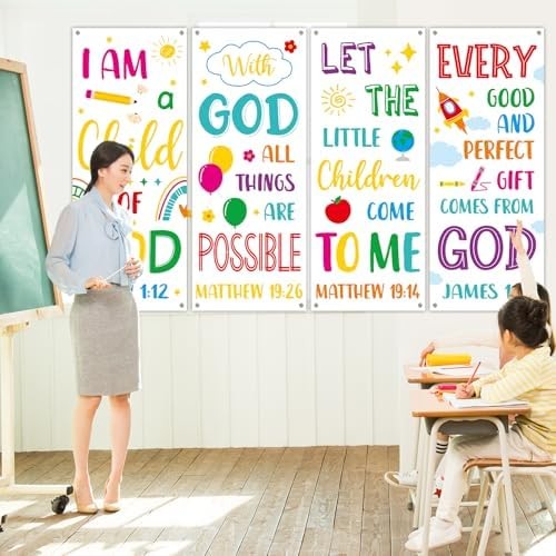 4PCS Church Banners with Scripture Religious Bible Verse Backdrops for Kids Chri