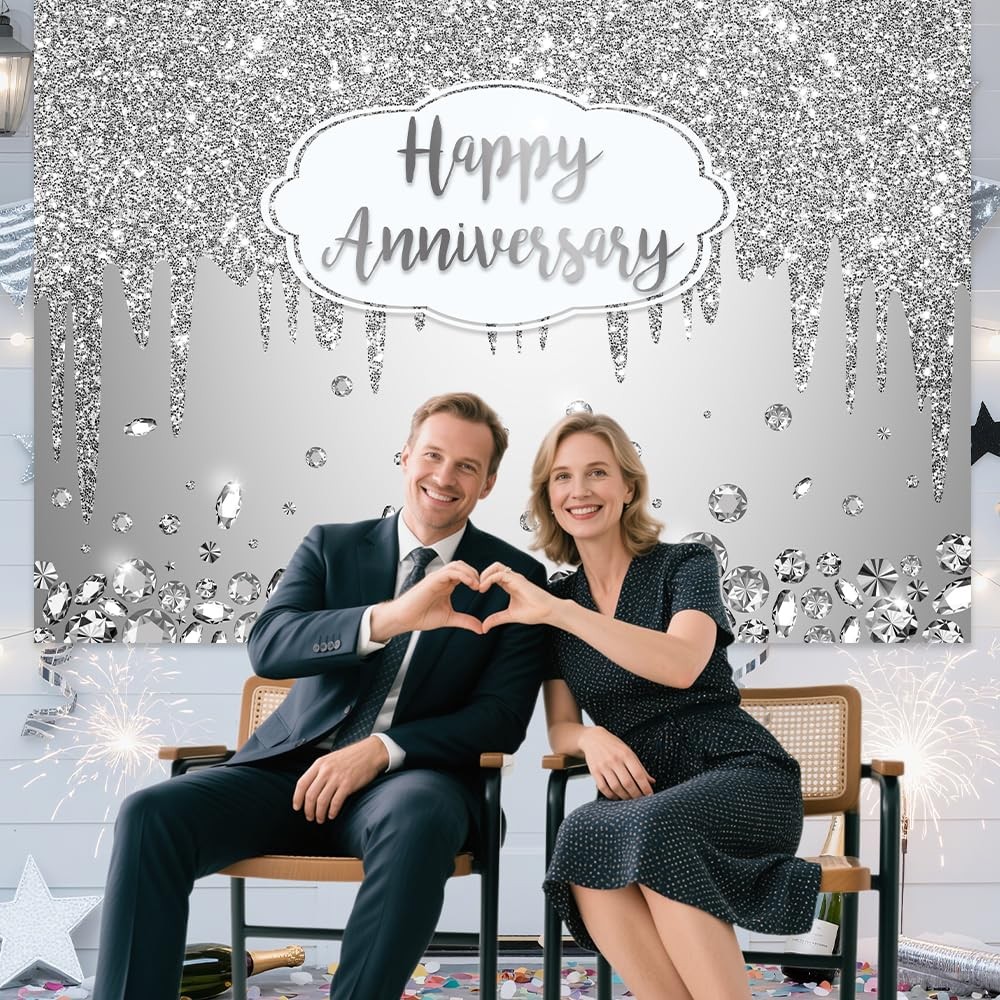 AIBIIN 7x5ft Happy Anniversary Backdrop Silver Dripping Glitter 7X5ft,