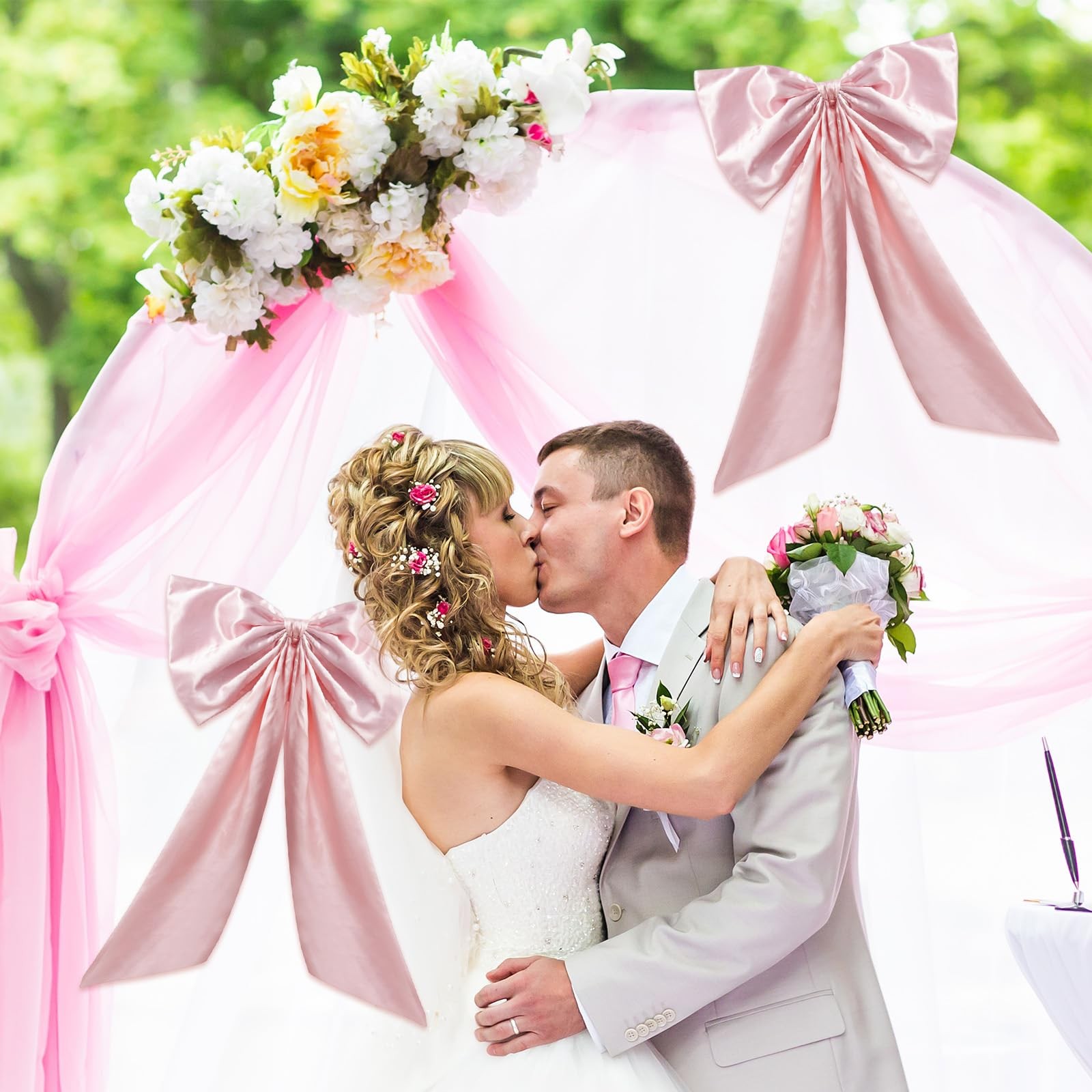 2 PCS Large Pink Bow Decoration For Backdrop Satin Ribbon Tie 25.6×41.3 Inch