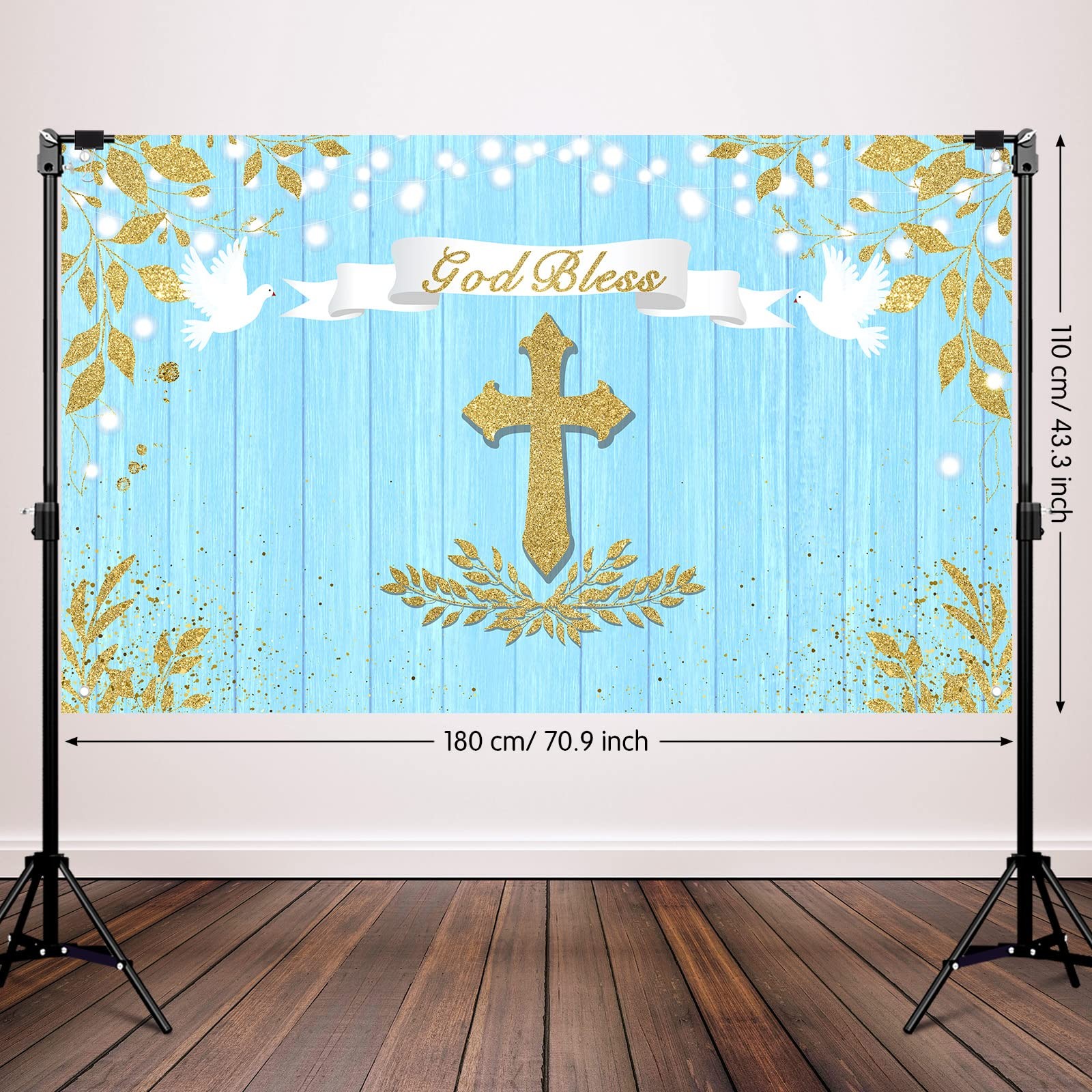71 x 43 Inch God Bless Backdrop, Blue, Gold, Baptism, First Communion, Decor