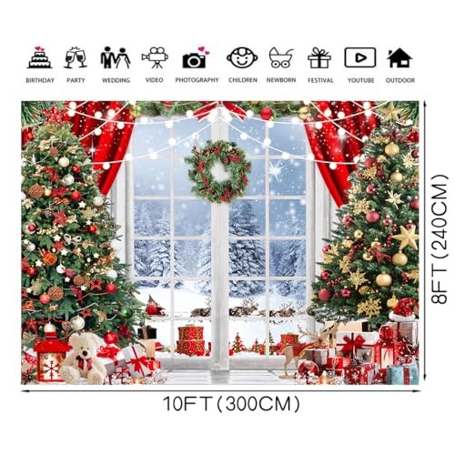 8x10ft Winter Snow Christmas Backdrop Window Scene with 10x8ft
