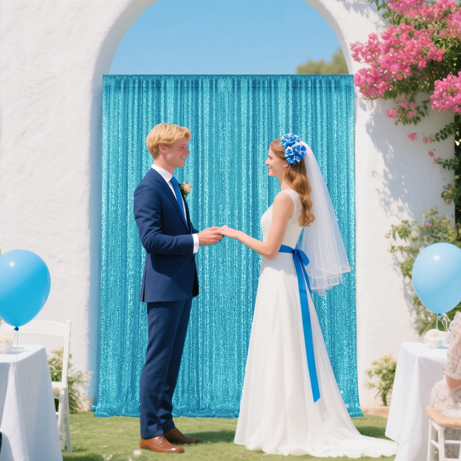 Turquoise Sequin Backdrop Curtains Panels Photography Glitter 28FT 2 PCS