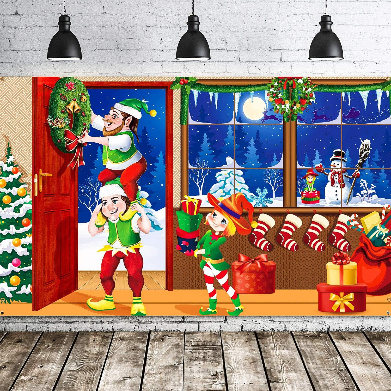 Merry Christmas Elves Backdrop 70.8×43.3 Winter Photo Wall Banner Decoration Joy