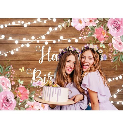 Happy Birthday Backdrop for Women Rustic Wooden Pink Floral Butterfly 7x5Ft S1