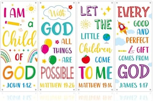 4PCS Church Banners with Scripture Religious Bible Verse Backdrops for Kids Chri