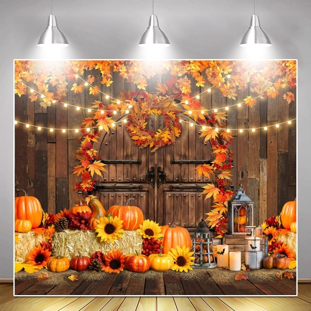 Fall Harvest Backdrop Fabric Wood Barn Thanksgiving Party Pumpkin 10×8 Ft