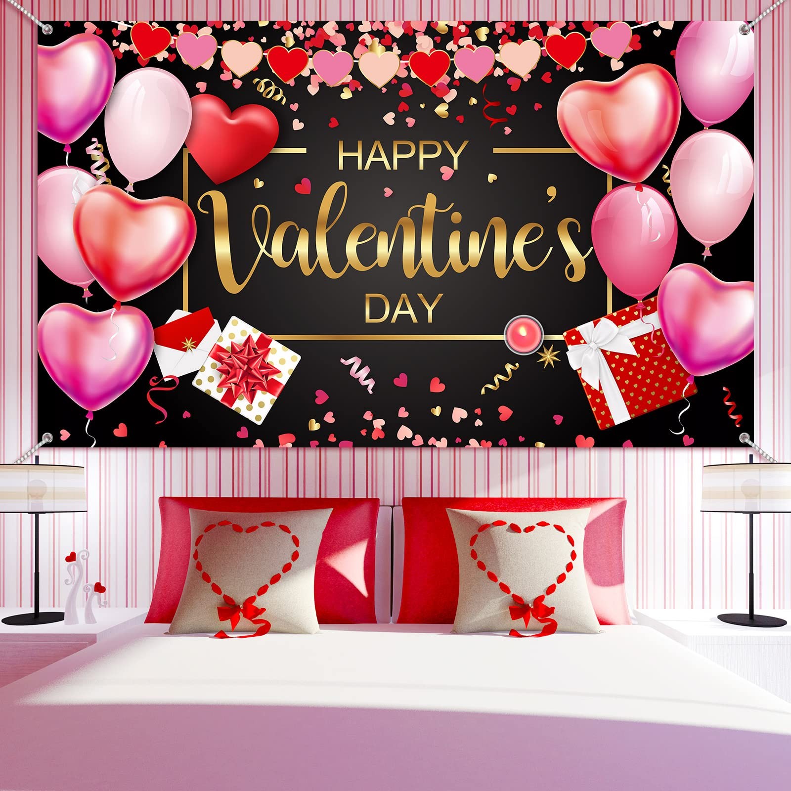Happy Valentine’s Day Backdrop Banner 73 x 43 Inch Large Size Heart Valentine’s