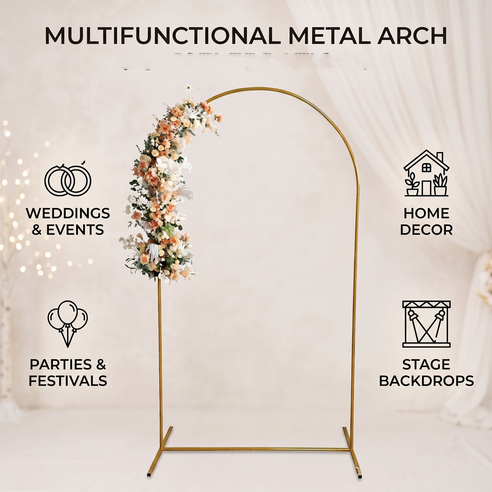 Holiday Party Gold Arch, Lightweight Support for Photo Backdrops & Table Decor