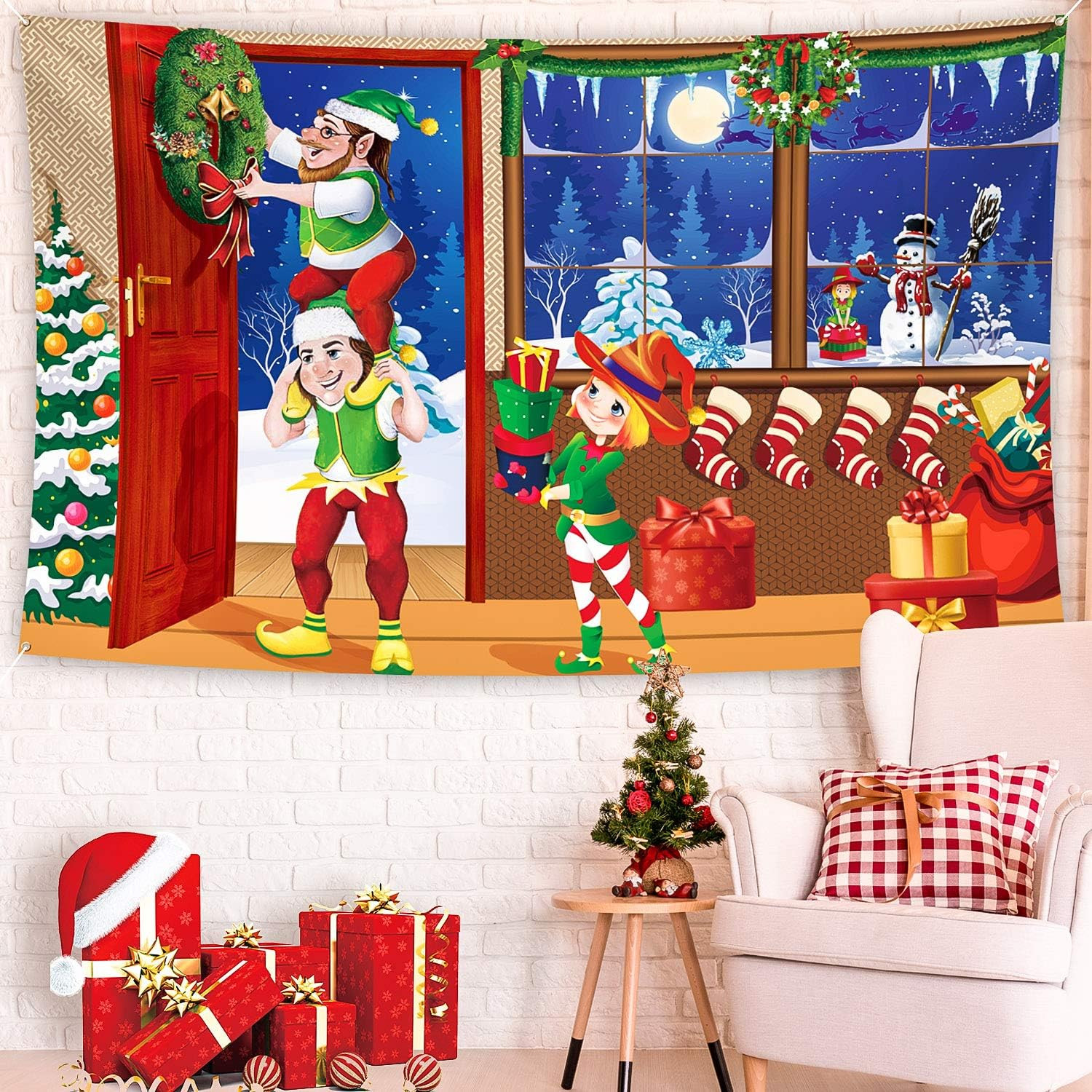Merry Christmas Elves Backdrop 70.8×43.3 Winter Photo Wall Banner Decoration Joy
