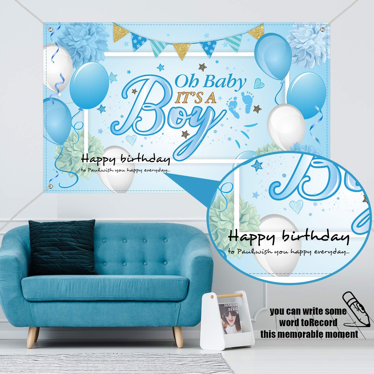 Large Blue Baby Boy Photo Backdrop 6 x 3.6 ft Durable Backdrop for Baby Shower