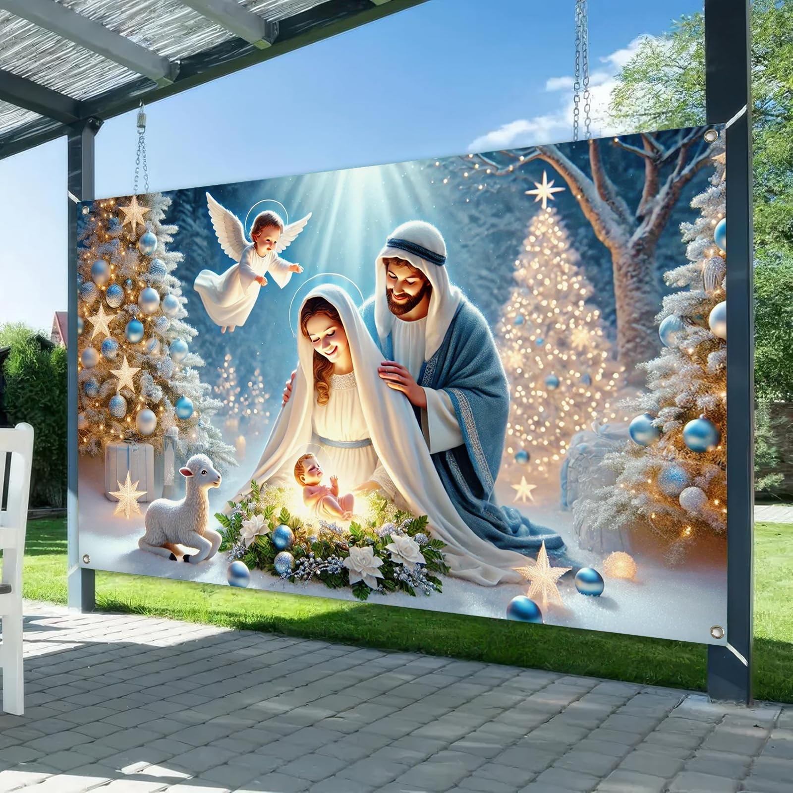 Nativity Christmas Banner 71×43 Inch Holy Family Backdrop with Baby Jesus Ang…