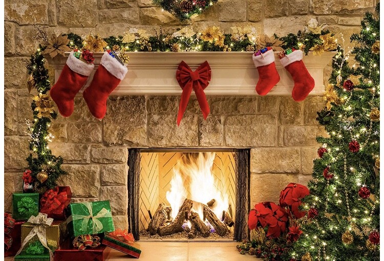 NIP! Haboke Christmas Fireplace Fabric Photography Backdrop; 7′(W) x 5′(H)